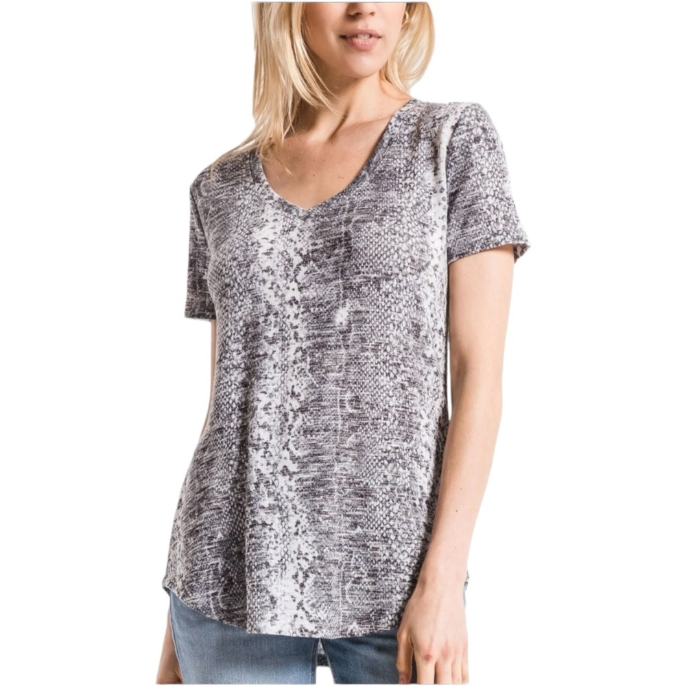 Z Supply Women's Small Snakeprint V Neck Shirt Knit Top Lipa Super Soft Grey